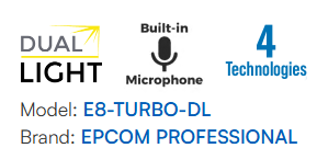 DUAL LIGHT Camera (IR + WHITE LIGHT) / 2 Megapixel TurboHD Dome (1080p) / White Light 20 m / 106° Wide Angle / 2.8 mm Lens / 30 m IR EXIR / Outdoor IP67 / 4 Technologies / Integrated Microphone