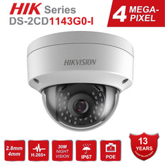 Hikvision 4MP PoE IP Camera H.265 DS-2CD1143G0-I HD CMOS Network Dome CCTV Cameras 30M IR Clear Night version P2P Remote Access