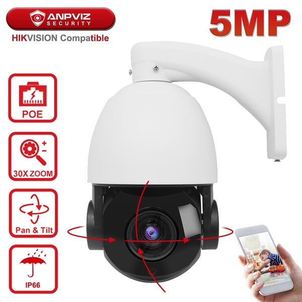 Hikvision Compatible Anpviz 5MP PTZ IP Camera Outdoor 30X Zoom 4.7-94mm Speed Dome POE Surveillance Camera 80m IR Onvif IP66