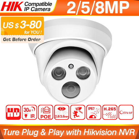 Hikvision Compatible 5MP Dome POE IP Camera 8MP Home Security CCTV Camera 1080P IR 30m ONVIF H.265 P2P Plug&play Security IPC